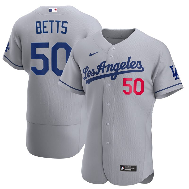 2020 MLB Men Los Angeles Dodgers Mookie Betts Nike Gray 2020 Away Official Authentic Player Jersey 1